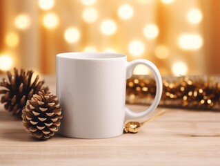 Warm Holiday Glow 11 oz White Mug Mockup with Pine Cones and Golden Lights