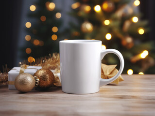 Festive 11 oz White Mug Mockup with Christmas Tree and Gifts