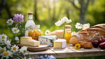 lunch spring picnic food illustration snacks sandwiches, fruits cheese, bread wine lunch spring picnic food