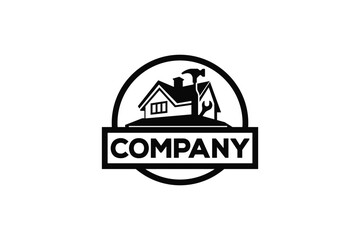 Creative logo design depicting a house with a wrench and hammer, designated to the industrial and construction industry.	