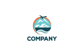 Fototapeta premium Creative logo design depicting a landscape and the sun with a plane frying over it, designated to the travel industry. 