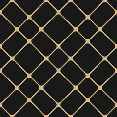 Fototapeta premium Minimalist seamless pattern with golden grid on black. Vector abstract luxury geometric texture with thin diagonal cross lines, nodes, squares, mesh, lattice, grill. Simple repeat gold geo background