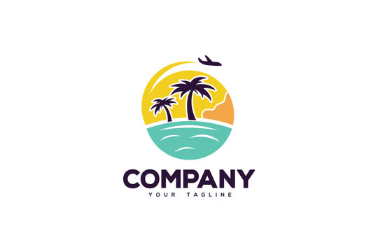 Creative logo design depicting a landscape and the sun with a plane frying over it, designated to the travel industry.	