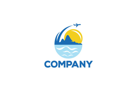 Creative logo design depicting a landscape and the sun with a plane frying over it, designated to the travel industry.	