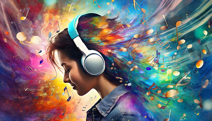 Creative music background. Young woman listening to music with headphones. Multicolored background. Generated with AI