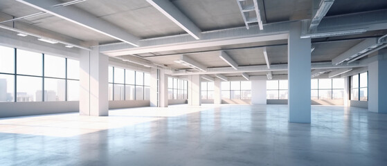 Empty interior of commercial building or modern wide open space hall with large windows and city view. Generative AI