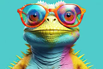 Fotobehang Created background isolated sunglasses iguana colorful Cartoon colourful animal abstract ai art background beautiful blob bright cute design drawing face fashion funny  goggles graphic © akkash jpg