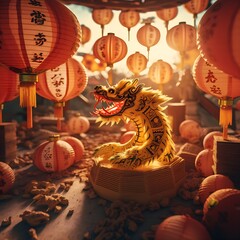 Ein Symbolfoto für das chinesische Neujahrsfest mit einem Drachen. 2024 ist das Jahr des Holz-Drachen. - obrazy, fototapety, plakaty