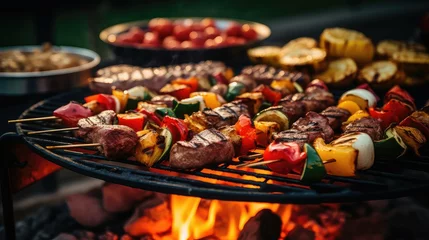 Tuinposter meat charcoal bbq food illustration steak ribs, burgers sausages, kebabs sea meat charcoal bbq food © vectorwin