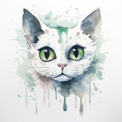 Generative AI image of a white cat with one grey patch above the eye in watercolor