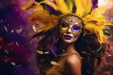 Vibrant Mardi Gras concept: A lively portrayal of a young woman donning a feathered mask against a bright backdrop perfectly embodies the festive concept of Mardi Gras celebrations. Generated AI - obrazy, fototapety, plakaty