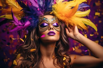 Mardi Gras essence: A vibrant image captures a woman in a feathered mask against a lively setting, encapsulating the jubilant concept of Mardi Gras celebrations. Generated AI