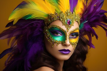 Embodying Mardi Gras concept: A lively depiction showcases a woman in a feathered mask against a vibrant setting, capturing the festive energy of Mardi Gras celebrations. Generated AI