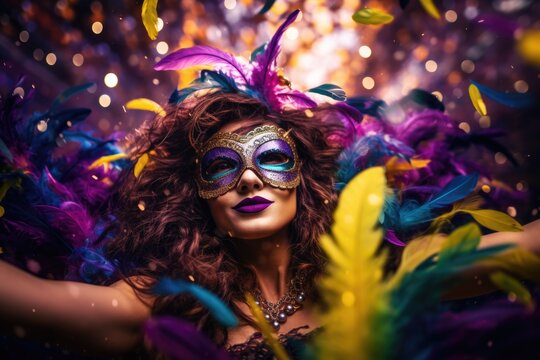 Embracing Mardi Gras concept: An expressive image showcases a young lady wearing a mask embellished with colorful feathers, symbolizing the spirited concept of Mardi Gras celebrations. Generated AI