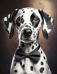 Portret psa Dalmatyńczyka w w czarnej muszce na szyi. Generative AI - obrazy, fototapety, plakaty