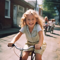Fototapeta na wymiar A smiling little girl in America, riding a bicycle