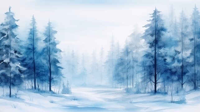 Winter forest landscape with fog and trees. Digital painting. illustration. Generative AI