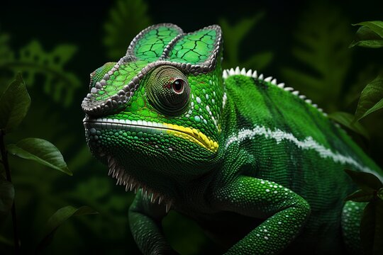 Generative AI image of green chameleon on green background