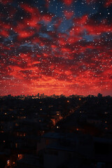 Red sunset over the city, night time, sky full of stars