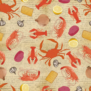 Seafood boil on newspaper background seamless pattern