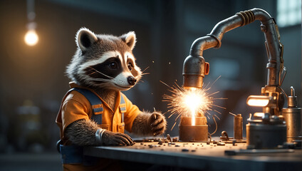 cute cartoon raccoon in work  welding , clothes