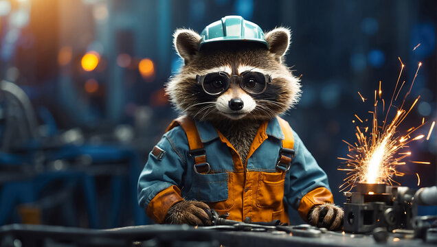 cute cartoon activity  raccoon in work clothes