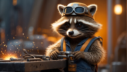 cute cartoon raccoon in work clothes, occupation