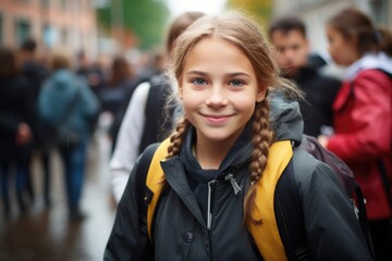 Fototapeta premium Smiling beautiful schoolgirl looking at the camera coming back from school in an urban environment 