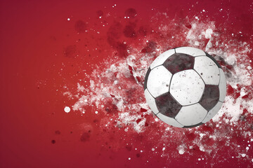 A soccer ball on a red background with white splatter