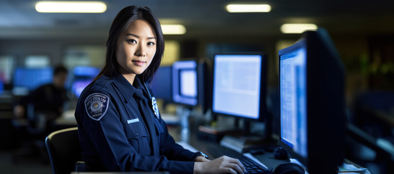 Young Asian woman working as police officer - sitting at her desk in evening, using computer. Generative AI