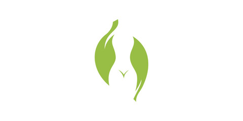 Organic Health logo design for female body fitness with negative space style. combination of leaves and woman's body - obrazy, fototapety, plakaty