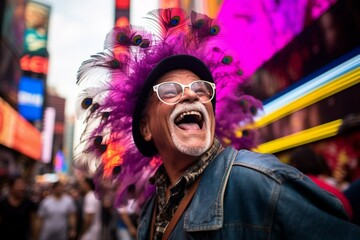 A man with a peacock tail and glasses with purple lenses walks down the street, smiles and dances. Generative AI
