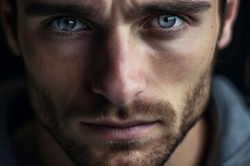 Obraz premium Portrait of a young guy looking into the frame. He has sad eyes. Depression. Generative AI