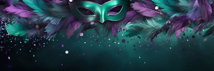 Carnival mask on a green background, suitable for design with copy space, Mardi Gras celebration. - obrazy, fototapety, plakaty