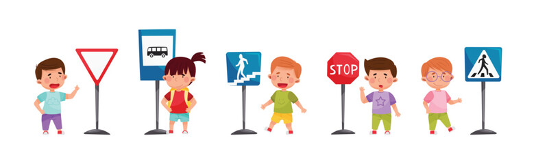 Cute Boy and Girl Child Learning Rules of Road and Traffic Education Vector Set - obrazy, fototapety, plakaty