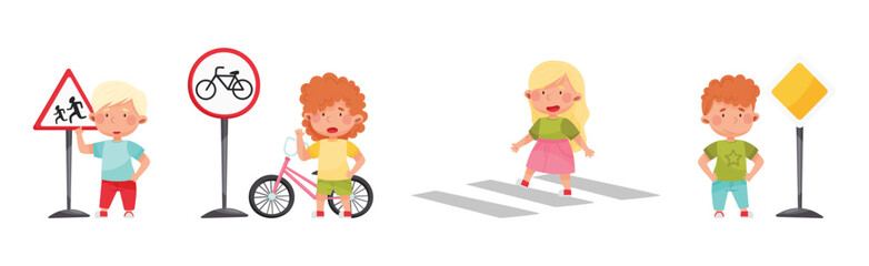Cute Boy and Girl Child Learning Rules of Road and Traffic Education Vector Set