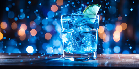 Cold blue curaçao cocktail on a bar table, blurred lights background  - obrazy, fototapety, plakaty