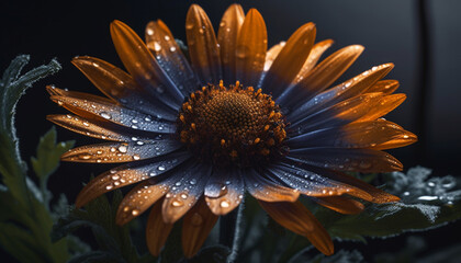 Vibrant yellow gerbera daisy, wet with dew, reflects beauty outdoors generated by AI