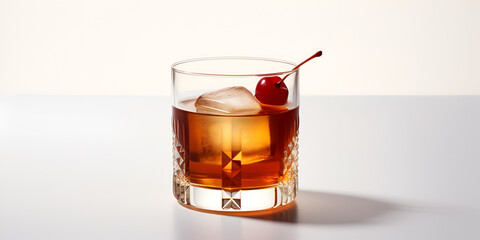 Boozy and cold Manhattan cocktail in glass on white background 