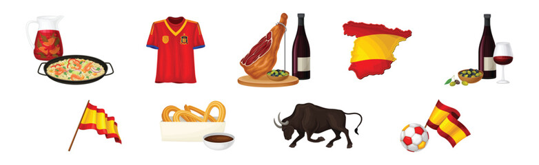 Spanish Traditional Symbols and Objects with Paella, Jamon, Flag, Wine, Bull and Churros Vector Set