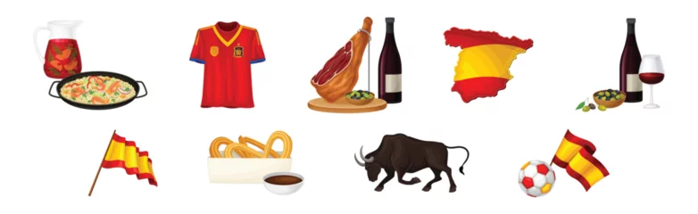 Foto op Canvas Spanish Traditional Symbols and Objects with Paella, Jamon, Flag, Wine, Bull and Churros Vector Set © Happypictures