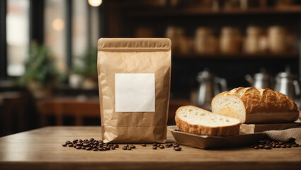 Coffee beans in paper bag and bread on table