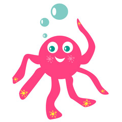 Pink cartoon octopus with long tentacles. Smiling octopus.