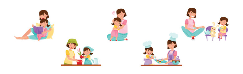 Mother and Daughter Characters Spending Time Together Vector Set