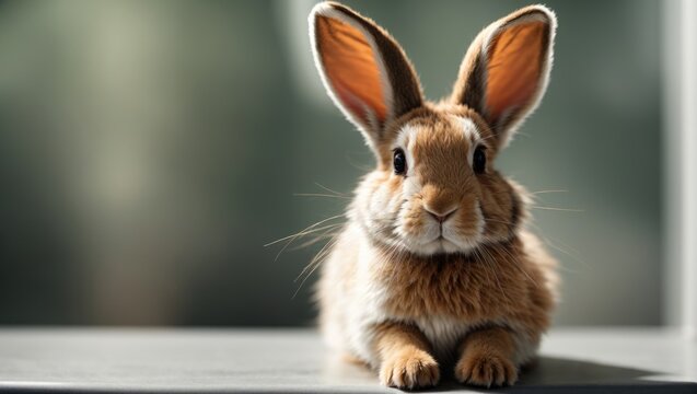 Cute little rabbit on table indoors, space for text. Easter bunny