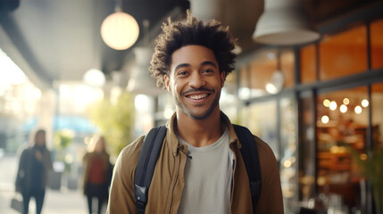 Portrait of handsome black young man with smile in cafe - Powered by Adobe