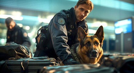 Police dog on duty in airport, checking travel suits and bags. Security and personal protection concept