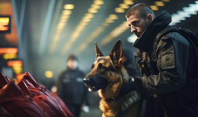 Police dog on duty in airport, checking travel suits and bags. Security and personal protection concept