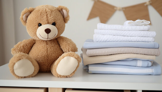 Fluffy teddy bear stacked on soft towel generated by AI