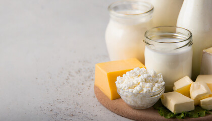 assorted dairy products on wooden table, natural lighting. Caption space.  - obrazy, fototapety, plakaty